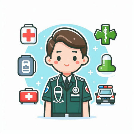Illustration of a male paramedic with various health related icons.のイラスト素材