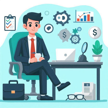 Businessman sitting on chair in office. Flat style vector illustration.のイラスト素材