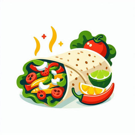 Tortilla with vegetables and sauce on a white background. Vector illustrationのイラスト素材