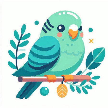 Cute green budgerigar on a branch. Vector illustration.のイラスト素材