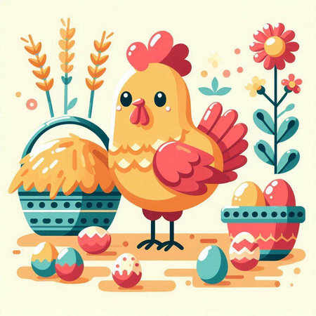 Easter card with chicken, eggs and flowers. Vector illustration.のイラスト素材