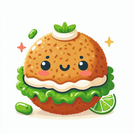 Cute kawaii hamburger vector illustration. Funny fast food character.のイラスト素材