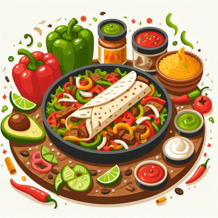 Mexican food. Traditional mexican dish. Taco with meat, vegetables, spices, guacamole and salsa. Vector illustrationのイラスト素材