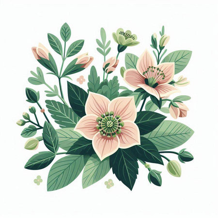 Floral bouquet with red flowers and green leaves. Vector illustration.のイラスト素材