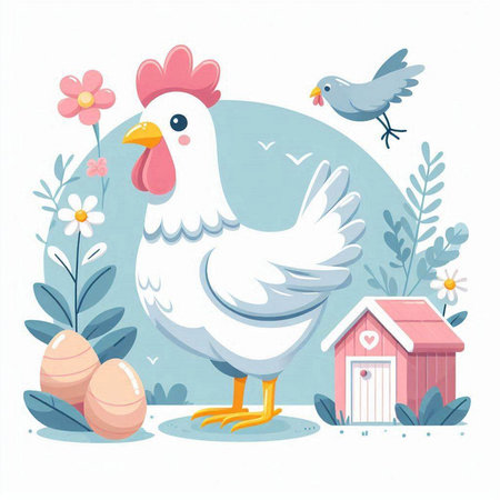 Cute cartoon chicken with flowers, birds and eggs. Vector illustration.のイラスト素材