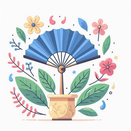 Folding fan with flowers and leaves. Vector hand drawn illustration.のイラスト素材