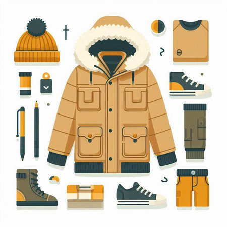 Winter clothing and accessories set. Vector illustration in flat cartoon style.のイラスト素材