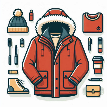 Winter clothing and accessories set. Vector illustration in doodle styleのイラスト素材