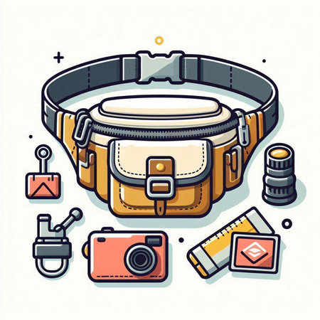 Vector illustration of a stylish belt with a camera, flash drive and other accessories.のイラスト素材
