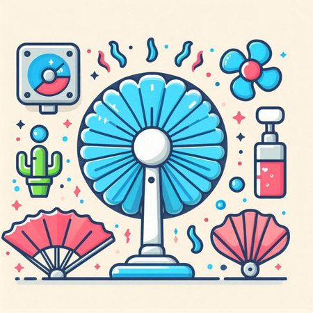 Vector illustration of electric fan in flat line style. Summer time.のイラスト素材