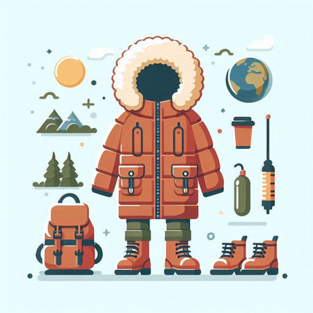 Winter travel flat design concept. Vector illustration of man in warm clothes with hiking equipment.のイラスト素材