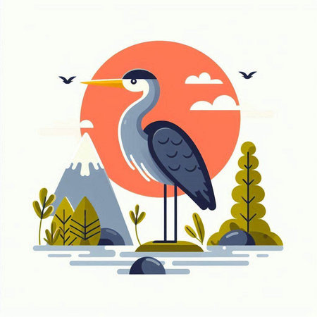 Vector illustration of a blue heron on the background of mountains.のイラスト素材