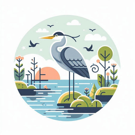 Heron on the lake. Vector illustration in a flat style.のイラスト素材