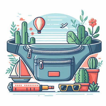 Suitcase for travel. Cactus, air balloon, sunglasses. Vector illustrationのイラスト素材