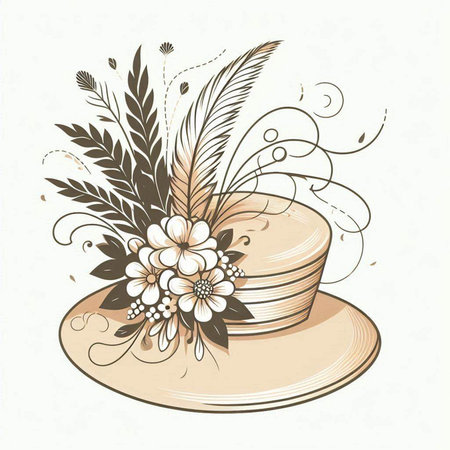 Vintage hat with flowers and feathers. Hand drawn vector illustration.のイラスト素材