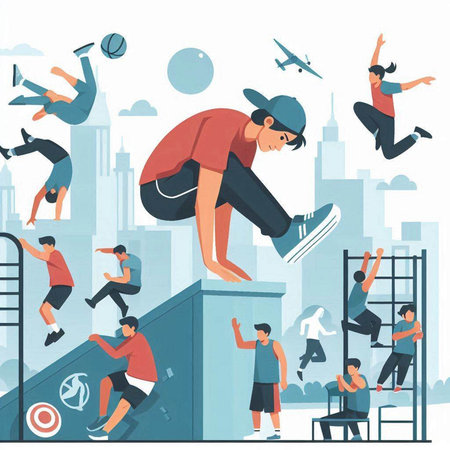 Vector illustration of young people jumping on the stairs in the city.のイラスト素材