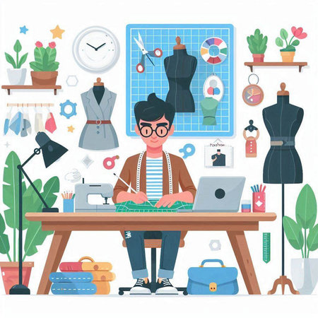 Fashion designer working at his workplace. Vector illustration in flat styleのイラスト素材