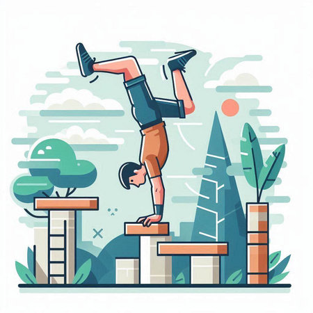 Vector illustration of a man jumping over obstacles. Flat style design.のイラスト素材