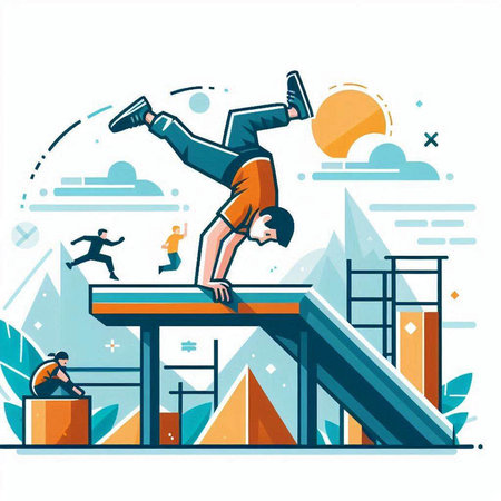Vector illustration of a man jumping on a ramp. Flat style.のイラスト素材
