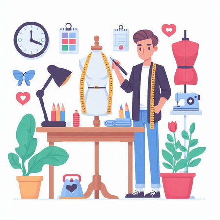 Tailor man working with sewing machine. Vector illustration in flat styleのイラスト素材