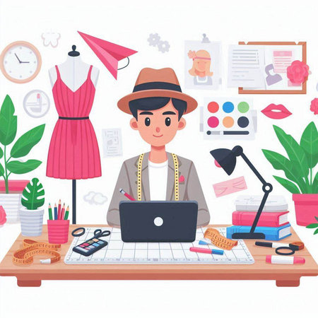 Fashion designer man working at his desk. Flat style vector illustration.のイラスト素材