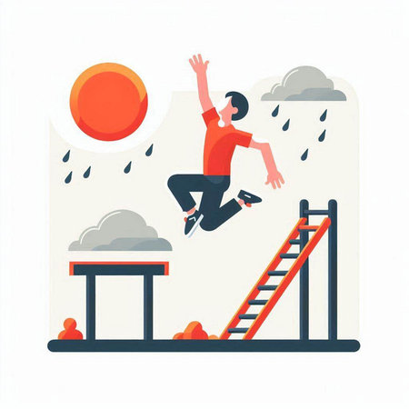 Vector illustration of a man jumping on a ladder in the rain.のイラスト素材