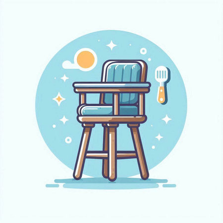 Vector illustration of chair with spoon and fork in cartoon style on blue backgroundのイラスト素材