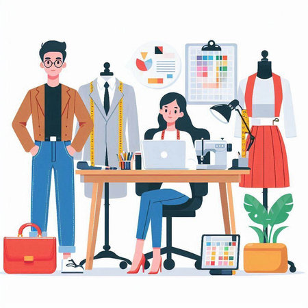 Fashion designer man and woman working at the office. Vector illustrationのイラスト素材