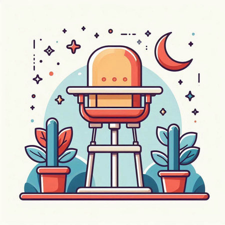 Baby stroller flat vector illustration. Cartoon baby stroller in room with plants and cactus.のイラスト素材