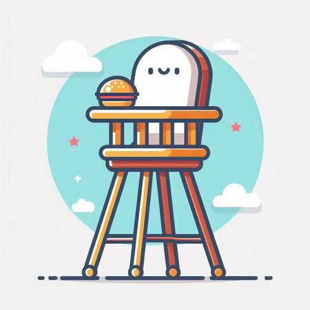 Vector illustration of a cute baby chair with food. Flat line art design.のイラスト素材