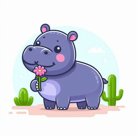 Cute hippo with flower. Vector illustration in cartoon style.のイラスト素材