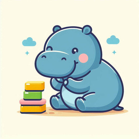 Vector illustration of a cute hippo sitting on the floor with a stack of booksのイラスト素材