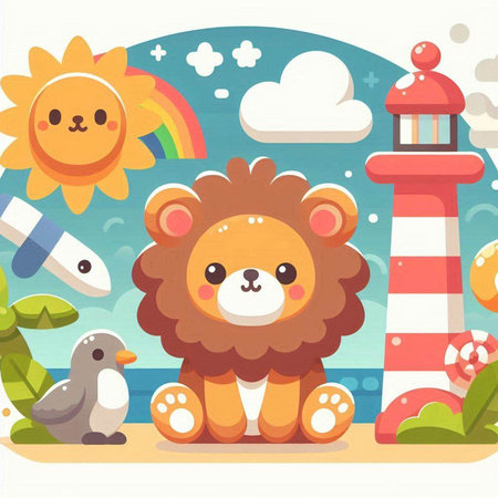Cute cartoon lion sitting on the background of the lighthouse. Vector illustrationのイラスト素材