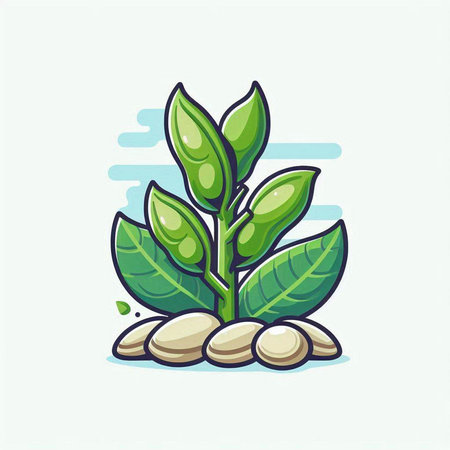 Illustration of a green plant growing on a pile of stones.のイラスト素材
