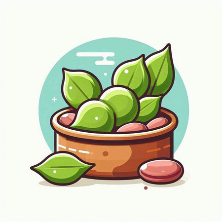 Coffee beans in a wooden bowl with green leaves. Vector illustration.のイラスト素材