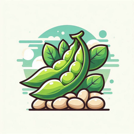 Pea pods with green leaves. Vector illustration in cartoon style.のイラスト素材