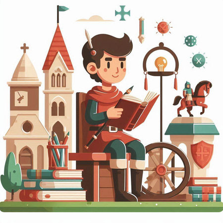 Knight with a book in his hands. Vector illustration in cartoon styleのイラスト素材