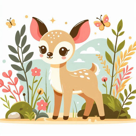 Cute little deer with flowers in the forest. Vector illustration.のイラスト素材