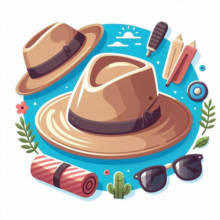 Vector illustration of hat, sunglasses, pencils and cactus.のイラスト素材