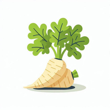 Fresh parsnip with green leaves isolated on white background. Vector illustration.のイラスト素材