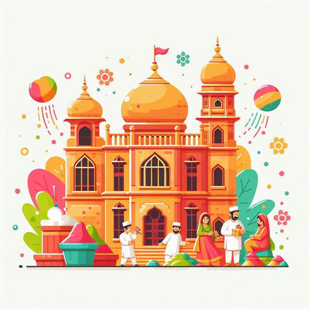 Indian people celebrating Holi festival in India. Colorful flat vector illustration.のイラスト素材
