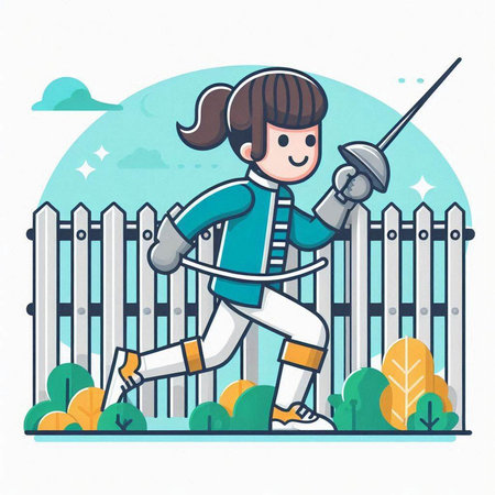 Girl with a sword in the park. Vector illustration. Cartoon style.のイラスト素材