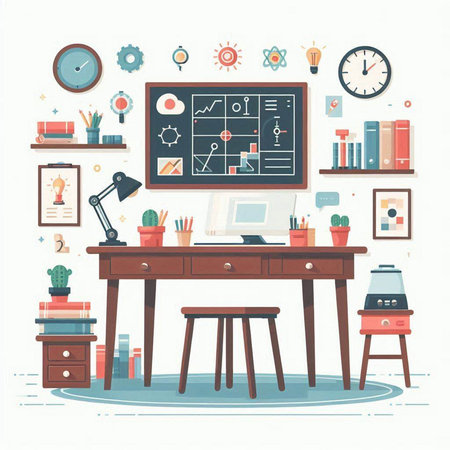 Office workplace. Workplace with computer, desk, chair, lamp, bookshelf, clock. Vector illustrationのイラスト素材