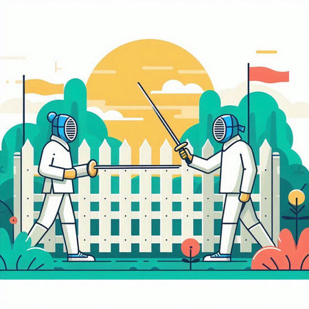 Fencing duel in the park. Vector illustration in flat style.のイラスト素材