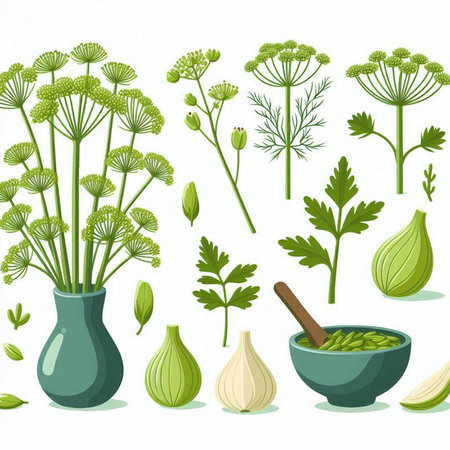 illustration of parsley, dill, garlic, onion, parsley in a ceramic vaseのイラスト素材