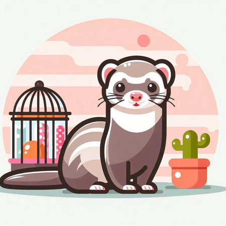 Cute ferret in a cage. Vector illustration in flat styleのイラスト素材