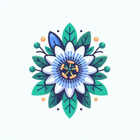 Blue flower with green leaves on a white background. Vector illustration.のイラスト素材