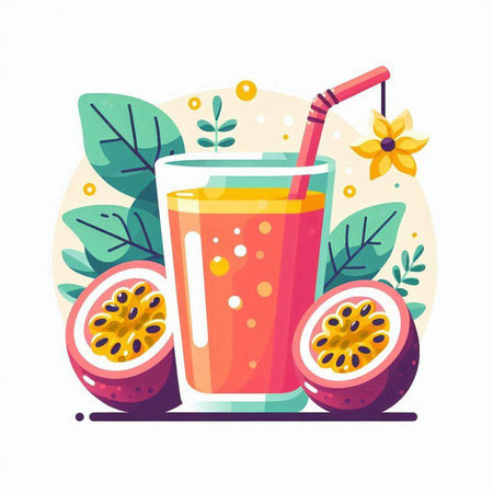 Passion fruit smoothie in a glass with a straw. Vector illustration.のイラスト素材