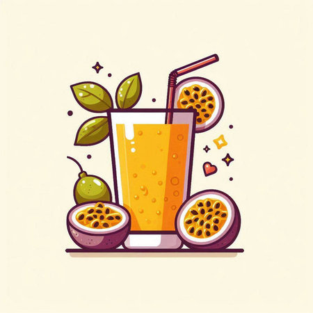 Passion fruit juice in a glass with straw. Vector illustration.のイラスト素材