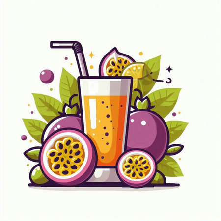 Passion fruit juice in a glass and fresh fruits. Vector illustration.のイラスト素材